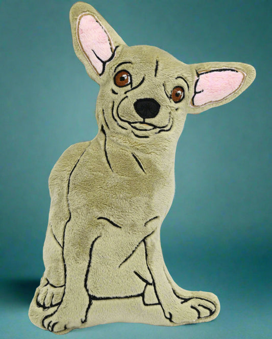 This is a beige chihuahua soft toy. Made by Not Your Nana in Dunedin. New Zealand.