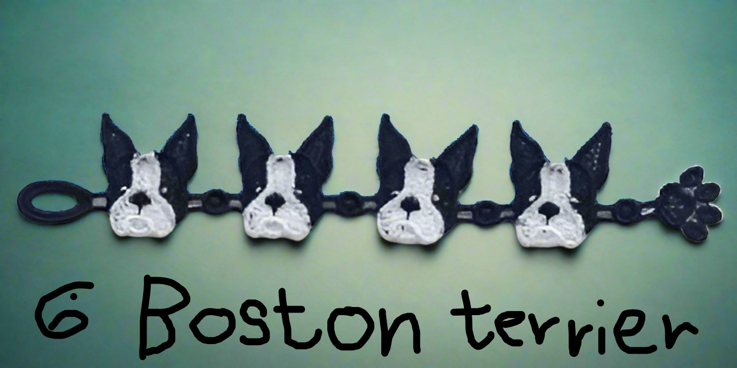 Lace bracelet of 4 Boston Terrier dogs made by Not Your Nana in Dunedin, New Zealand