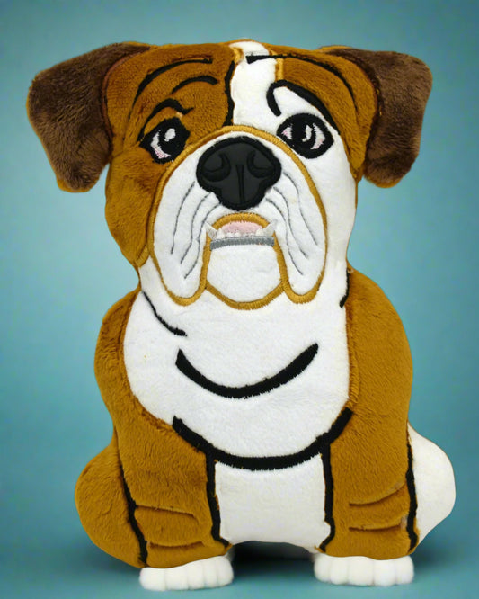 this is a cuddly English Bull dog with a sad expression. Made by Not Your Nana in Dunedin, New Zealand.