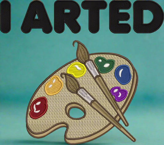 Artistic design with paint palette, brushes, and colorful paint swatches with the text "I arted". Made by Not Your Nana in Dunedin, New Zealand.