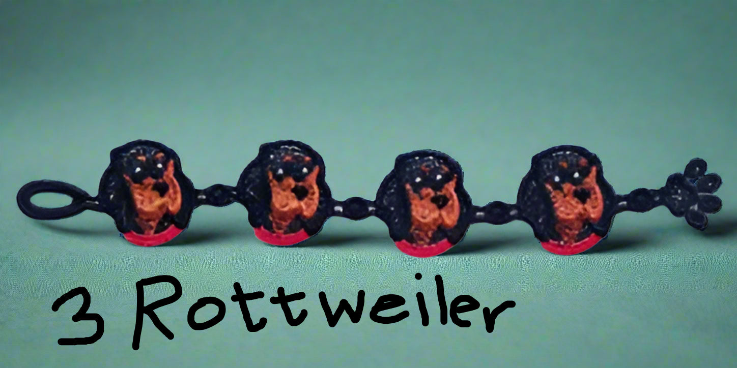 Lace bracelet of 4 Rottweiler dogs made by Not Your Nana in Dunedin, New Zealand