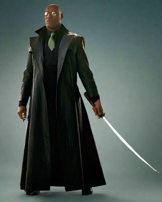 Person in a long dark coat holding a sword, standing next to a car.