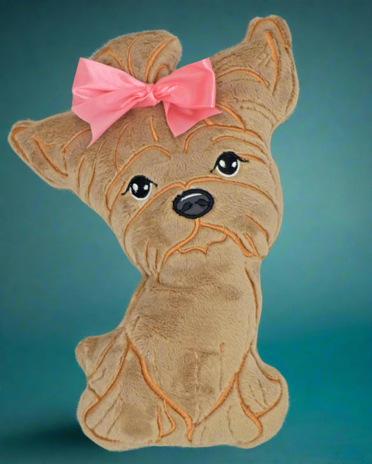 This is a cuddly toy of A Yorkshire terrier. Made by Not Your Nana in Dunedin, New Zealand