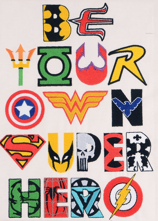 Colorful superhero-themed letters spelling 'Be Your Own Superhero' on a white background.
