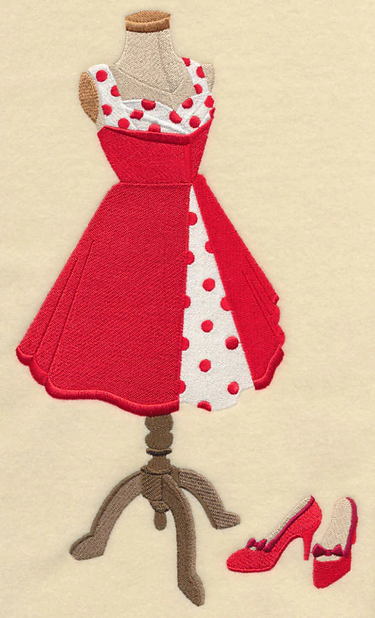 Red and white polka dot dress on a mannequin with matching shoes. Made by Not Your Nana in Dunedin, New Zealand