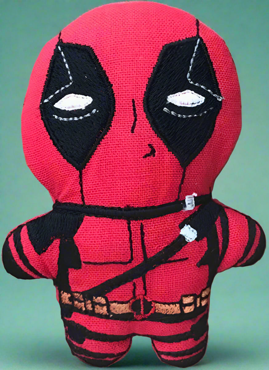 Plush toy resembling Deadpool with red and black colours. Made by Not Your Nana, Dunedin, New Zealand