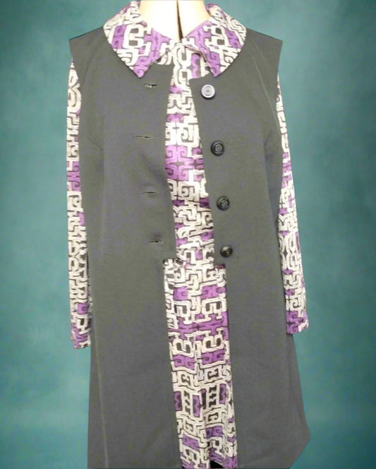 this is a vintage 1960s purple, black and white dress with a black gilet. the gilet fastens with 3 buttons. Found by Not Your Nana in Dunedin, New Zeal