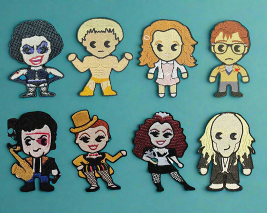 Here is a set of 8 embroidered patches of the main characters in Rocky horror picure show. Made by Not your nana in Dunedin, New Zealand