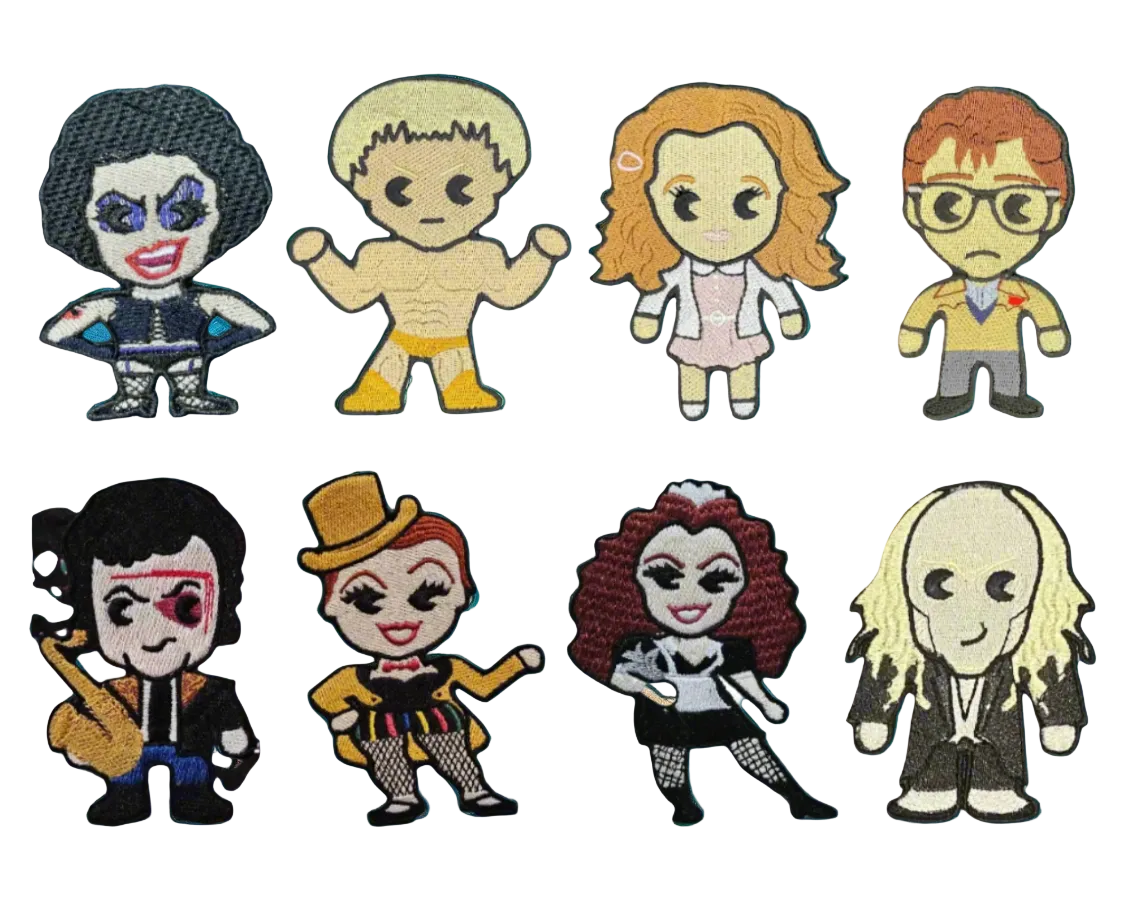 Here is a set of 8 embroidered patches of the main characters in Rocky horror picure show. Made by Not your nana in Dunedin, New Zealand