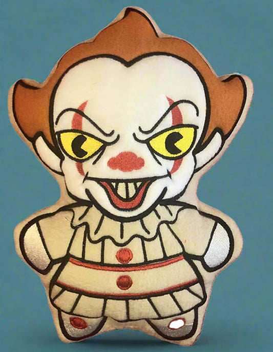 Stylised clown Pennywise plush toy with yellow eyes and red accents on a white background. Made by Not Your Nana, Dunedin, New Zealand
