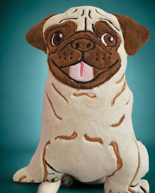 This is a cute beige and brown Pug soft toy. Made by ot Your Nana in Dunedin. New Zealand