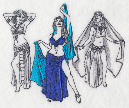 This is an embroidery of belly dancers. Made by Not Your Nana in Dunedin, New Zealand