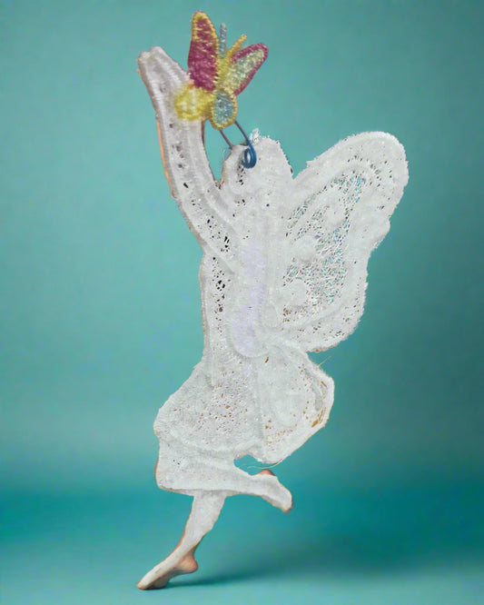 White lace fairy ornament made by Not Your Nana in Dunedin, New Zealand