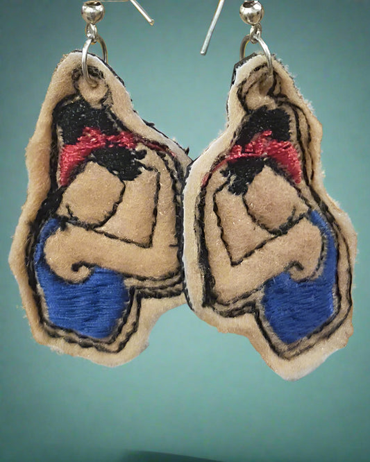 This is a picture of Rosie the Riveter earrings. Made by Not Your Nana, Dunedin. New Zealand
