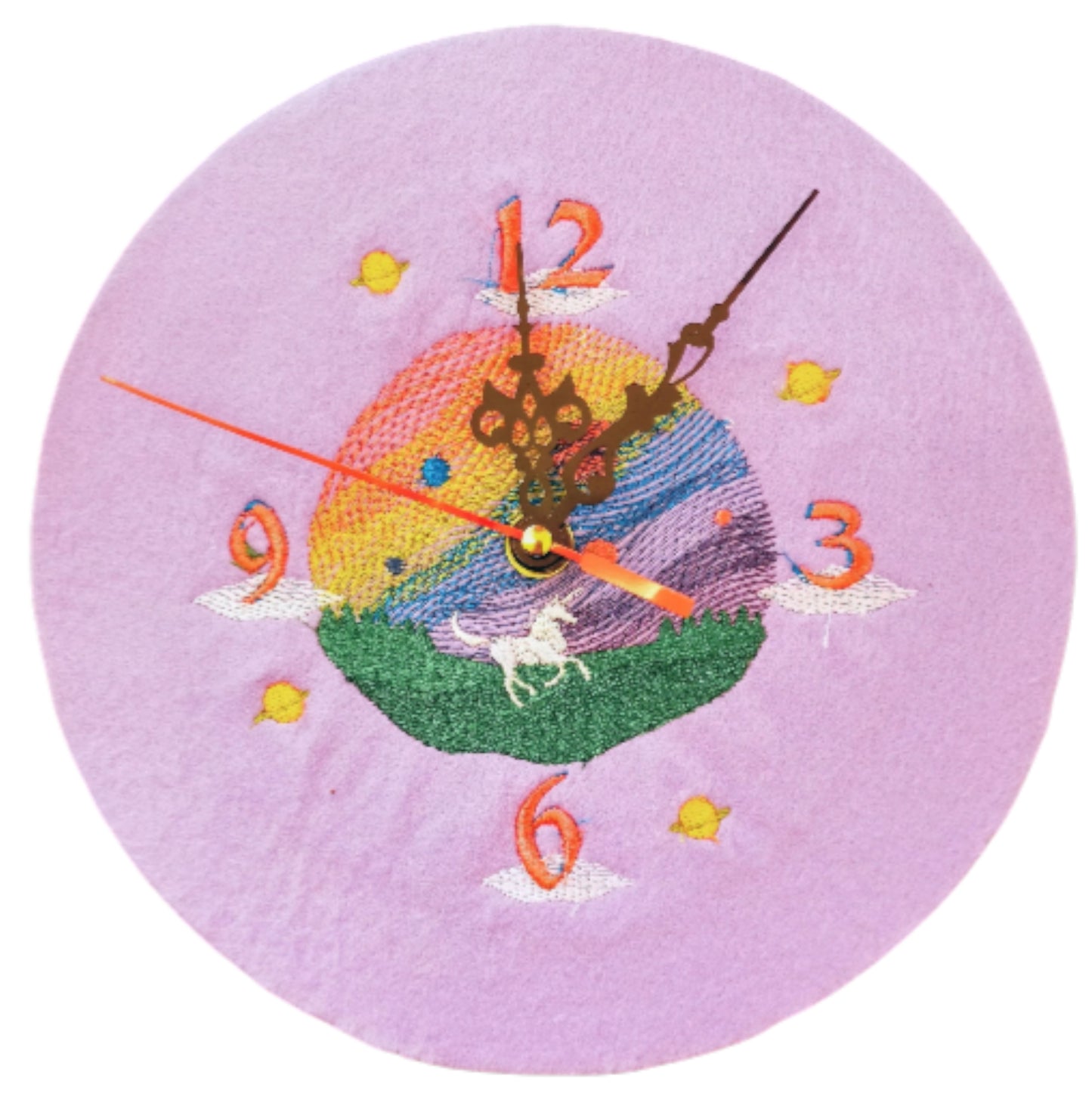 Unicorn and rainbow embroidered clock