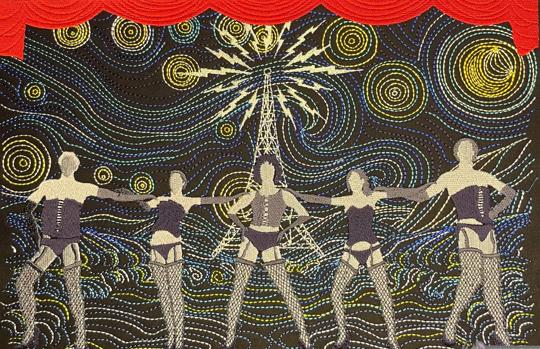 This features the cast of the Rocky Horror Picture Show on a stage with a backdrop of Vincent van Gogh's Starry Night. Made by Not Your Nana in Dunedin, New Zealand.
