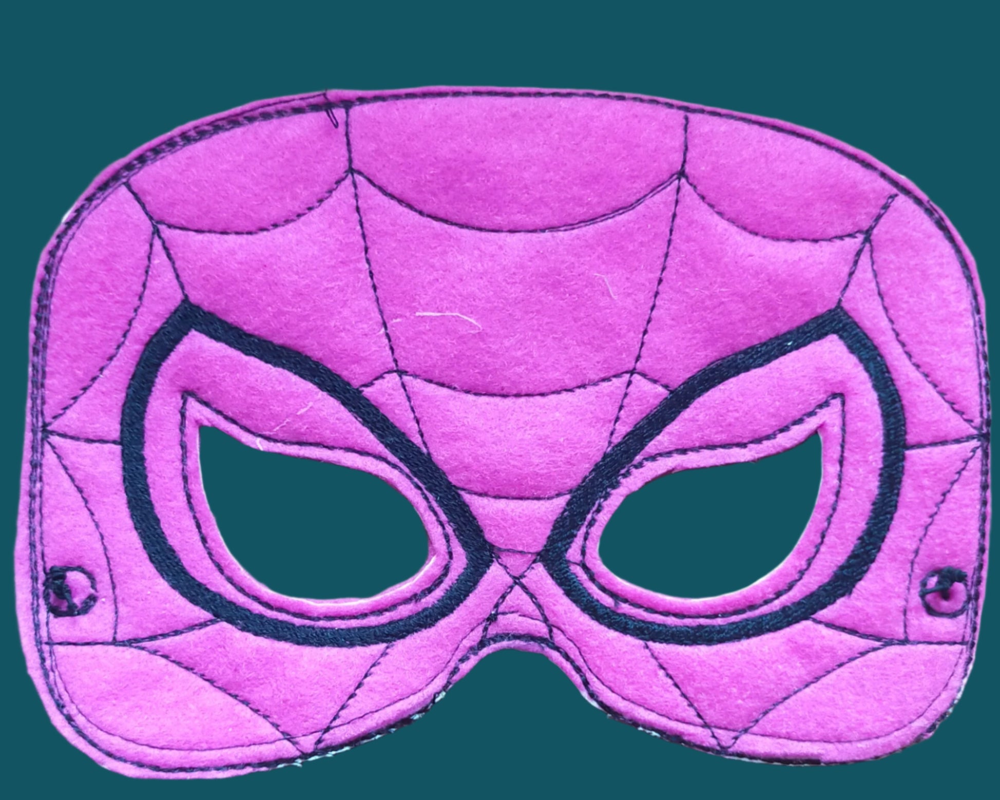 This Spiderwoman (Gwen Stacey) mask is pink with embroidered black web. Made by N0t Your Nana in Dunedin, New Zealand