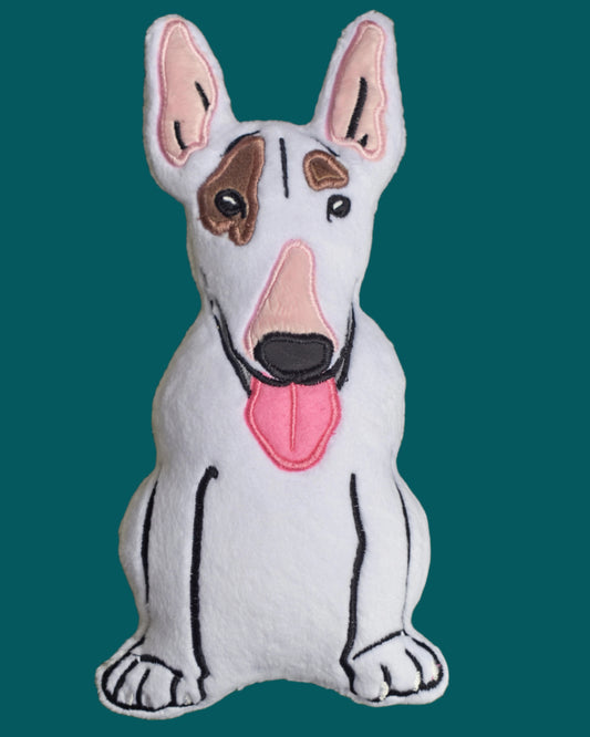 This is a  bull terrier dog  stuffed toy . It's white with brown eye patches and a pink nose. Made by not your nana in Dunedin, new Zealand.