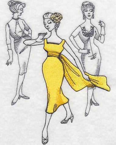 This is a picture of three ladies in 1930s attire. One of them is wearing a yellow dress. Made by Not Your Nana in Dunedin, New Zealand