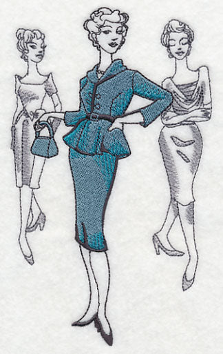 This is an embroidery of 3 1940s ladies. One is wearing a blue suit. Made by Not Your Nanain Dunedin, New Zealand.