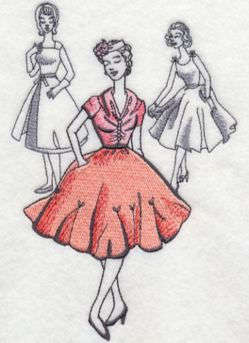 This is an embroidery of 3 1950s ladies. One is wearing a red dress. Made by Not Your Nana in Dunedin, New Zealand.