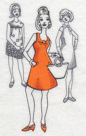 This is an embroidery of 3 women in 1960s clothing. One is wearing an orange dress. Made by Not Your Nana in Dunedin, New Zealand.
