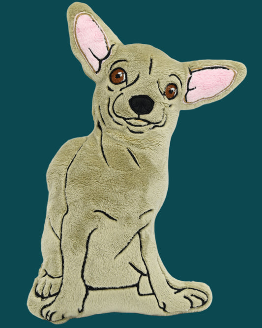 This is a beige chihuahua soft toy. Made by Not Your Nana in Dunedin. New Zealand.