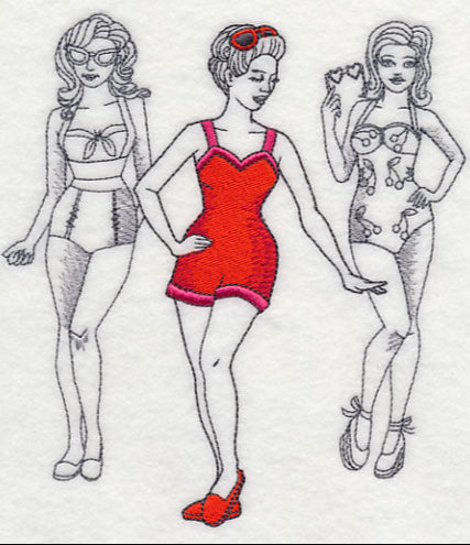 Here are three women in one-piece swimming costumes. One of them is red. Made by Not Your Nana in Dunedin, New Zealand