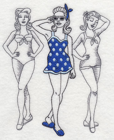 Here are three women in one-piece swimming costumes. One of them is blue. Made by Not Your Nana in Dunedin, New Zealand
