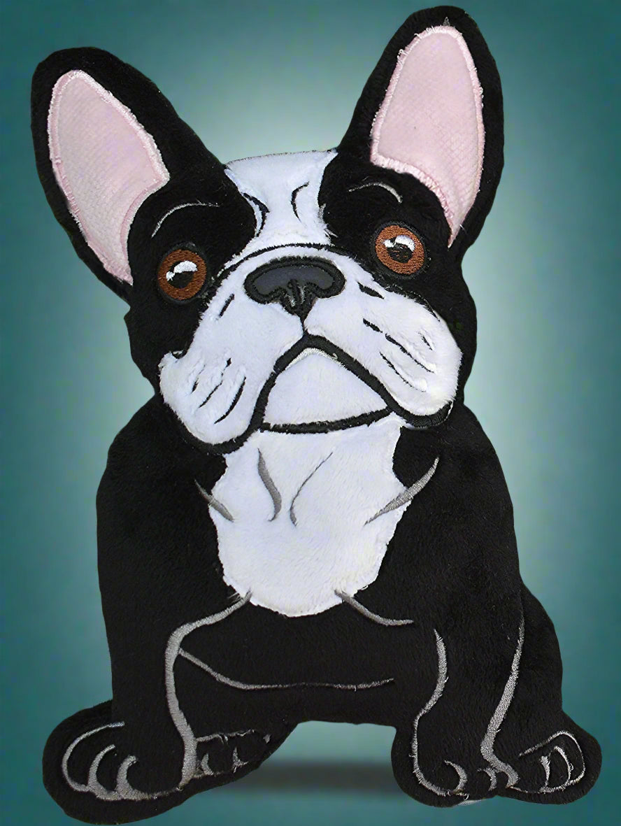 This is a French Bulldog soft toy. Made by Not Your Nana in Dunedin, New Zealand.