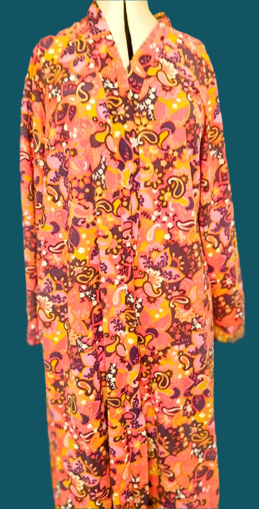  This floor-length colourful paisley dressing gown is made from brushed nylon. Made by Not Your Nana in Dunedin, New Zealand