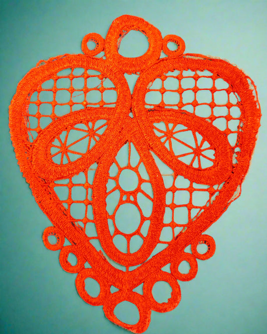 red lace hanging ornament made by Not Your Nana, Dunedin, New Zealand