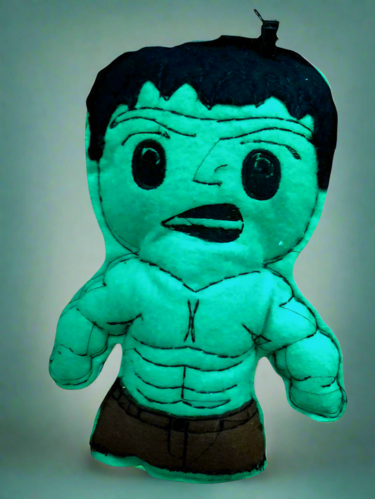 Green Incredible Hulk soft toy. Made by Not Your Nana, Dunedin, New Zealand