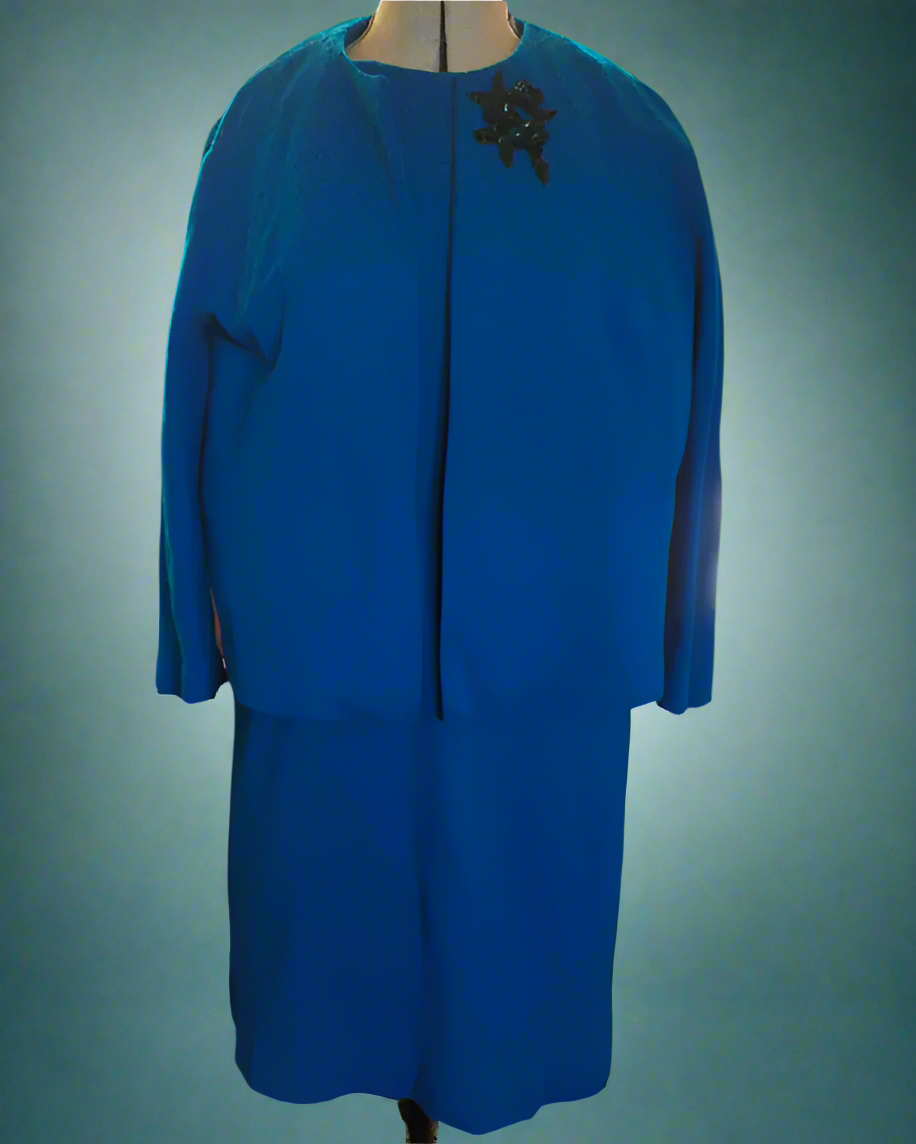 This is a royal blue 1960s winter dress and jacket combo with black sequin detail. found by Not Your Nana in Dunedin, New Zealand.