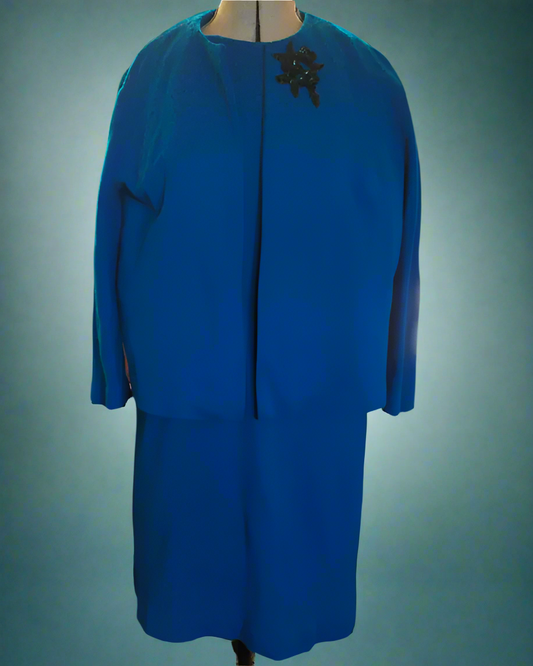 This is a royal blue 1960s winter dress and jacket combo with black sequin detail. found by Not Your Nana in Dunedin, New Zealand.