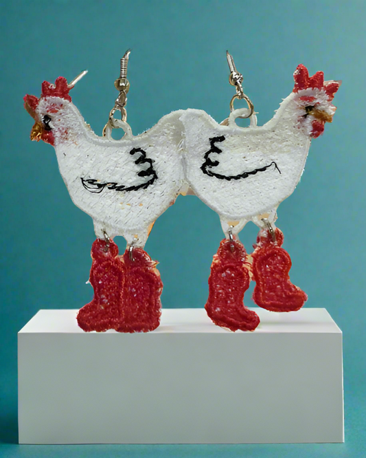 Chicken-shaped earrings on a display card with a teal background