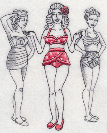 Three women wearing bikinis. One red with polka dots. Made by Not Your Nana in Dunedin, New Zealand.