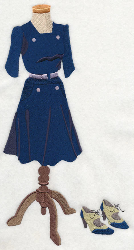 Blue dress on a mannequin with matching shoes. Made by Not Your Nana in Dunedin, New Zealand.