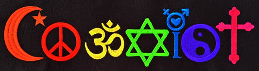 Colourful symbols on a patch including a crescent moon, peace sign, Om symbol, Star of David, gender equality symbol, and infinity symbol, spelling out the word Coexist. Made by Not Your Nana, Dunedin, New Zealand