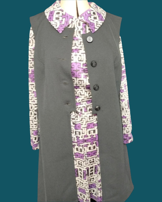 this is a vintage 1960s purple, black and white dress with a black gilet. the gilet fastens with 3 buttons. Found by Not Your Nana in Dunedin, New Zeal