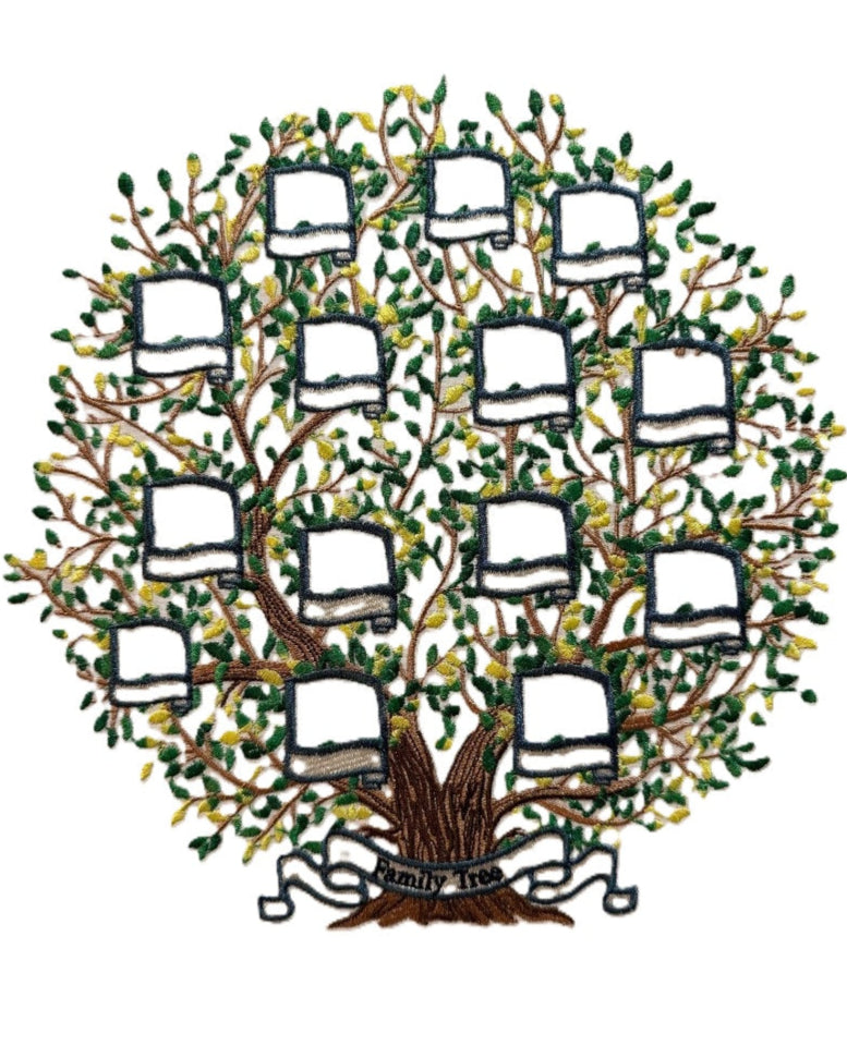 This is an embroidered family tree with place for 15 names. Proudly made in Dunedin, New Zealand.
