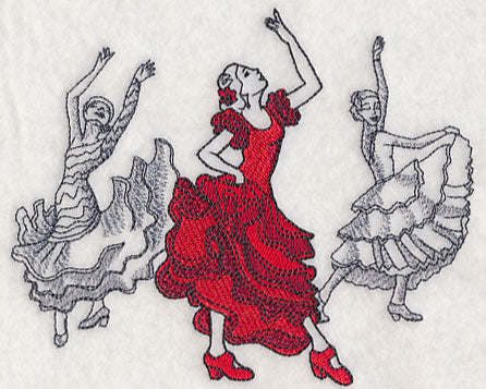 These flamenco dancers. One is dressed in red and the others are linie drawings