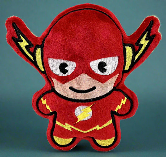 Flash plush toy with a superhero design on a white background. Made by Not Your Nana in Dunedin, New Zealand
