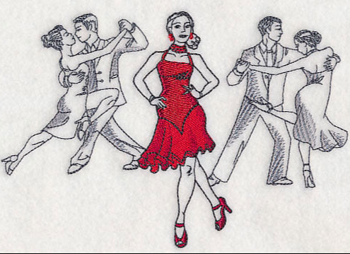 This is an embroidery 3 Latin dancers. One is wearing a red dress. Made by Not Your Nana in Dunedin, New Zealand.
