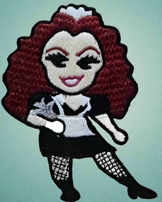Embroidered patch of Magenta from Rocky HorrorPicture Shoew. Made by Not Your Nana, Dunedin, Nre Zealand,