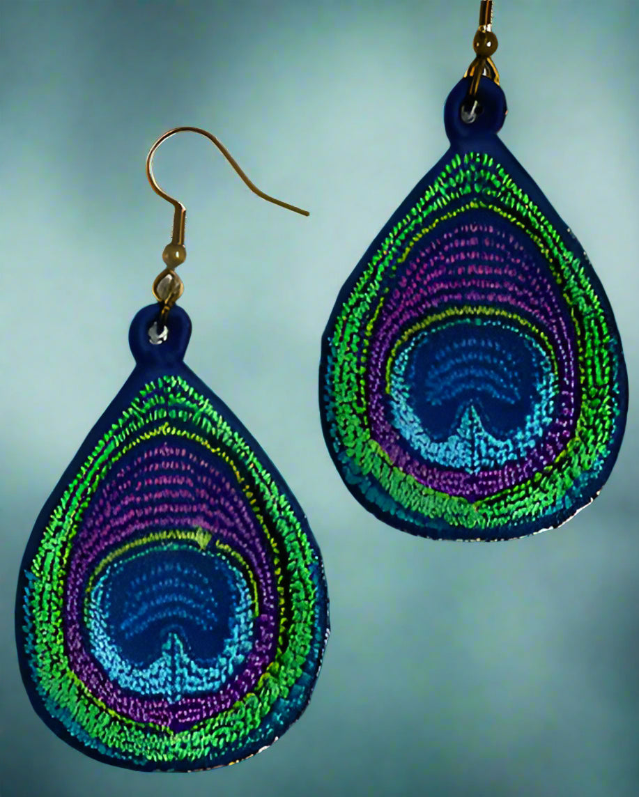 These are dangly peacock feather earrings with hypoallergenic hooks. They are iridescent green, blue and purple. Made by Not Your Nana in Dunedin, New Zealand.