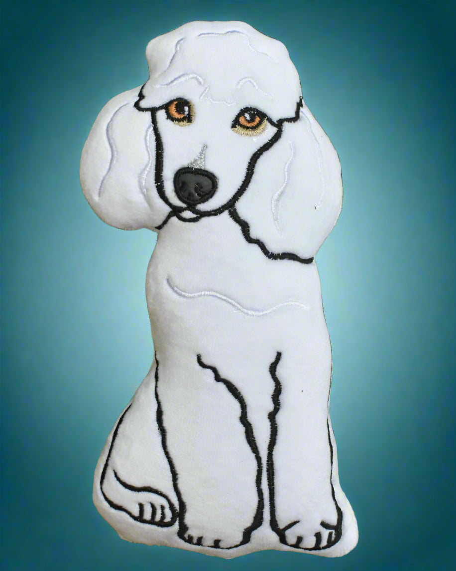 This is a poodle stuffed toy with soulful eyes. It can be white, brown or black. Made by Not Your Nana in Dunedin, New Zealand.