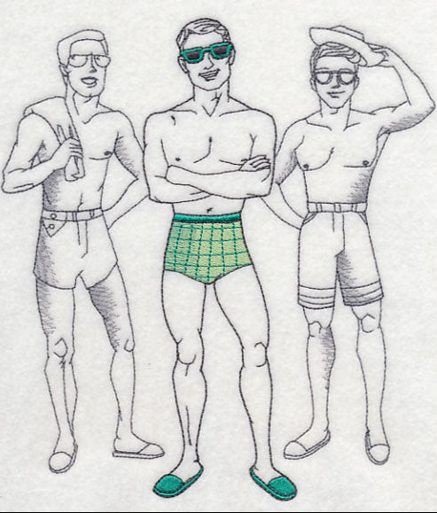 This is an embroidery of 3 men
 swimming One is wearing green and yellow swimming trunks. Made by Not Your Nana in Dunedin, New Zealand.