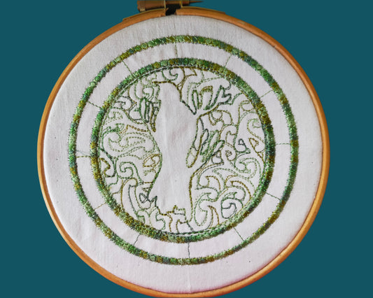 This is a simple line embroidery of a Tui, all in green. Made by Not Your Nana in Dunedin, New Zealand