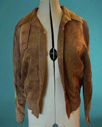 This is a suede bomber jacket fastened with buttons